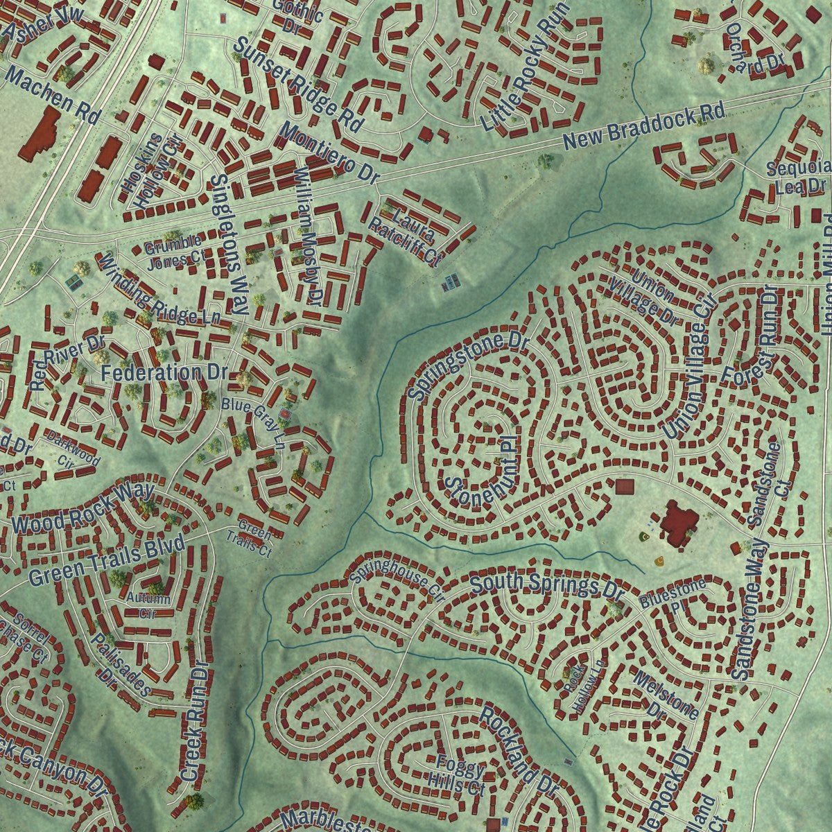 Close-up of the map of Centreville, Virginia print showing street and building detail