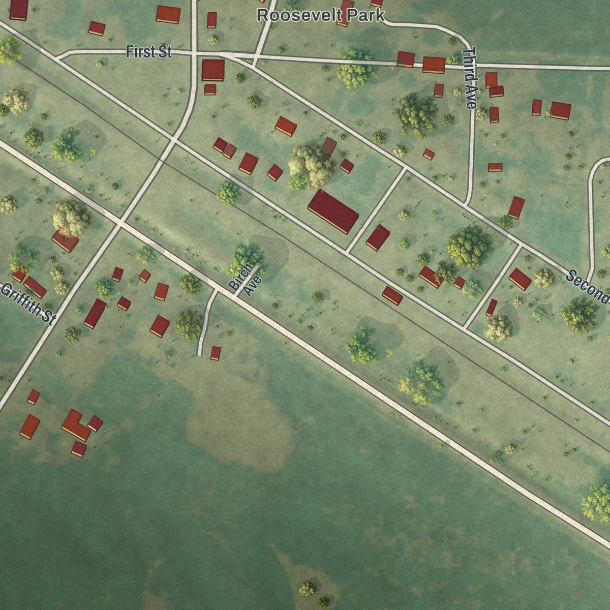 Close-up of the map of Roosevelt, Minnesota print showing street and building detail