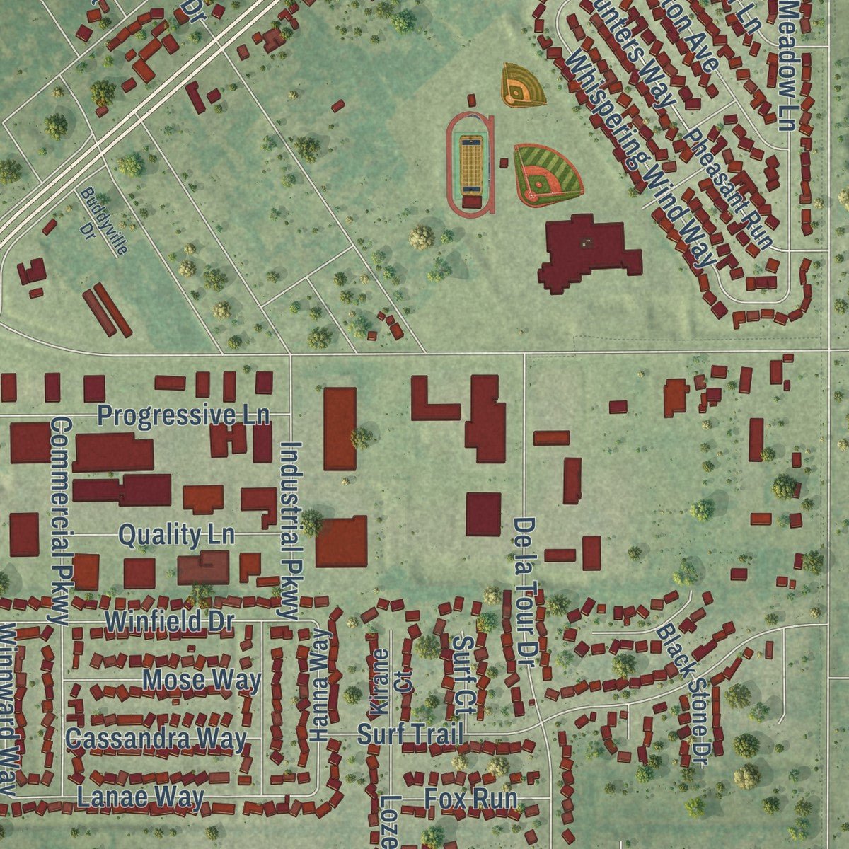Close-up of the map of South Beloit, Illinois print showing street and building detail