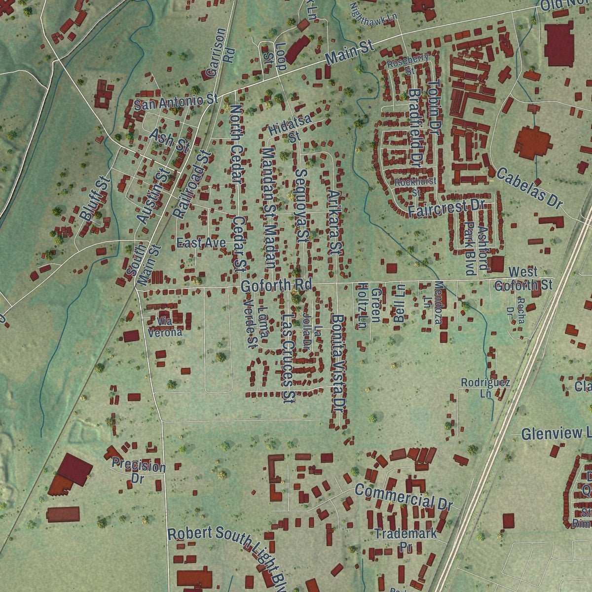 Close-up of the map of Buda, Texas print showing street and building detail