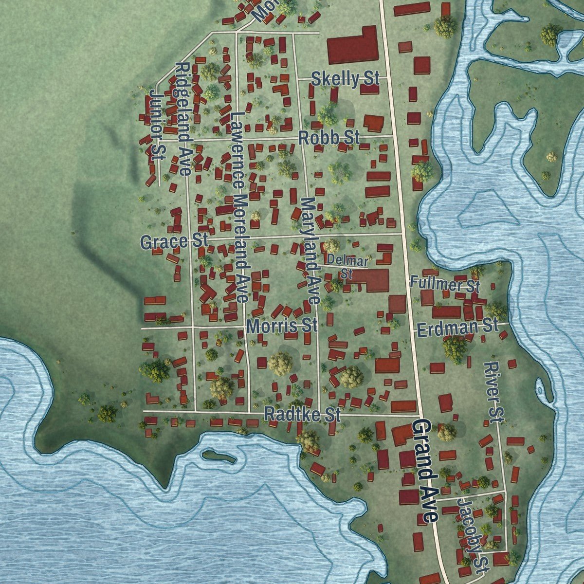 Close-up of the map of Schofield, Wisconsin print showing street and building detail