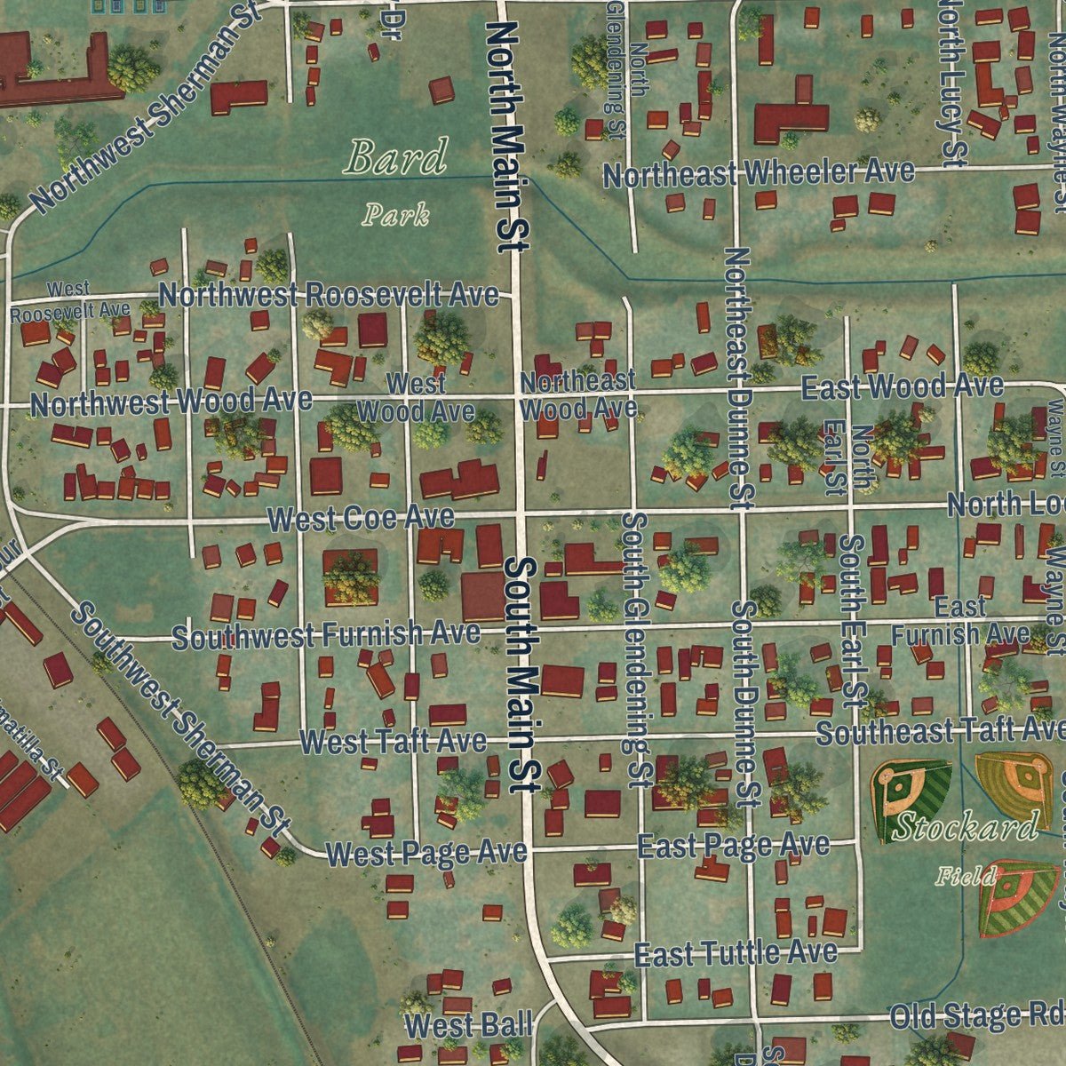 Close-up of the map of Stanfield, Oregon print showing street and building detail