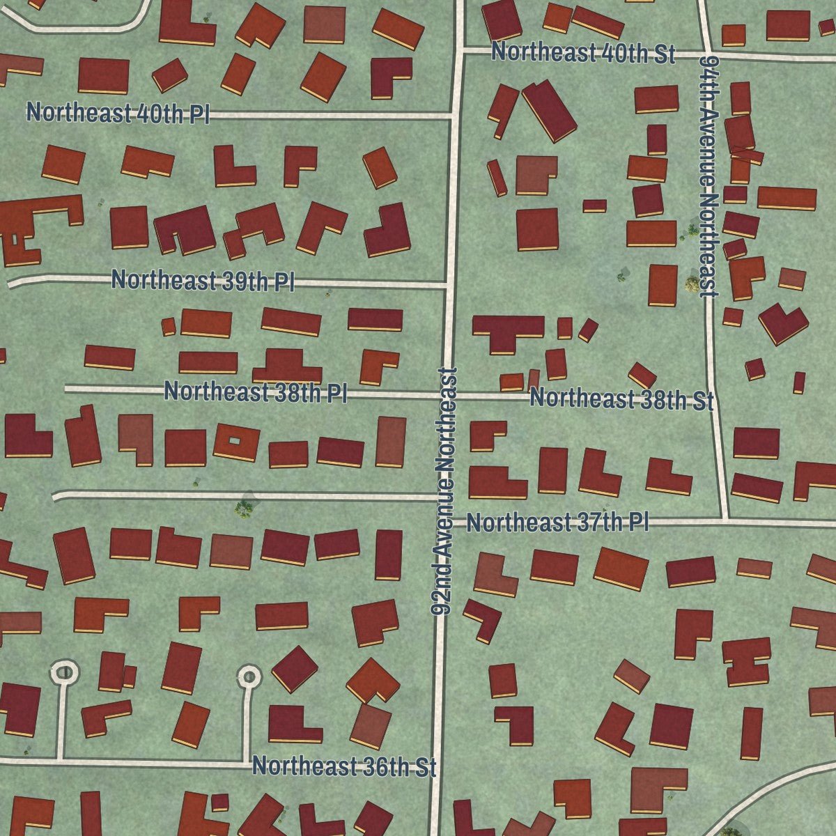 Close-up of the map of Yarrow Point, Washington print showing street and building detail