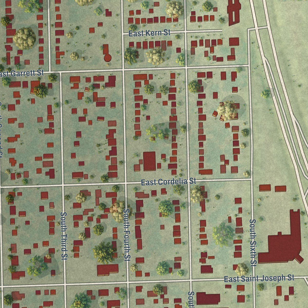 Close-up of the map of Southern View, Illinois print showing street and building detail