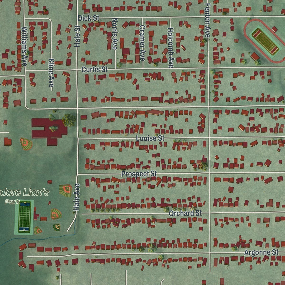 Close-up of the map of Mogadore, Ohio print showing street and building detail