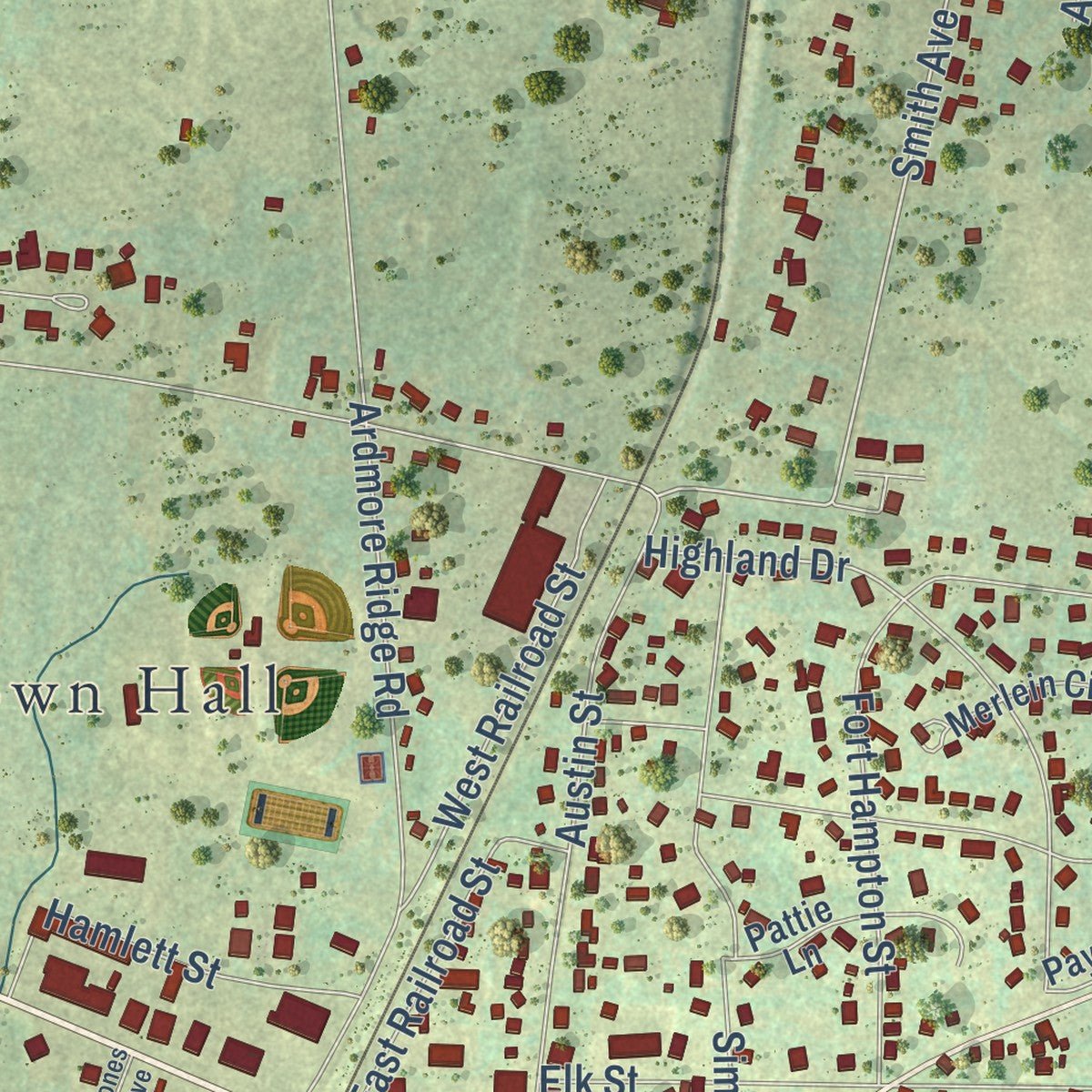 Close-up of the map of Ardmore, Tennessee print showing street and building detail