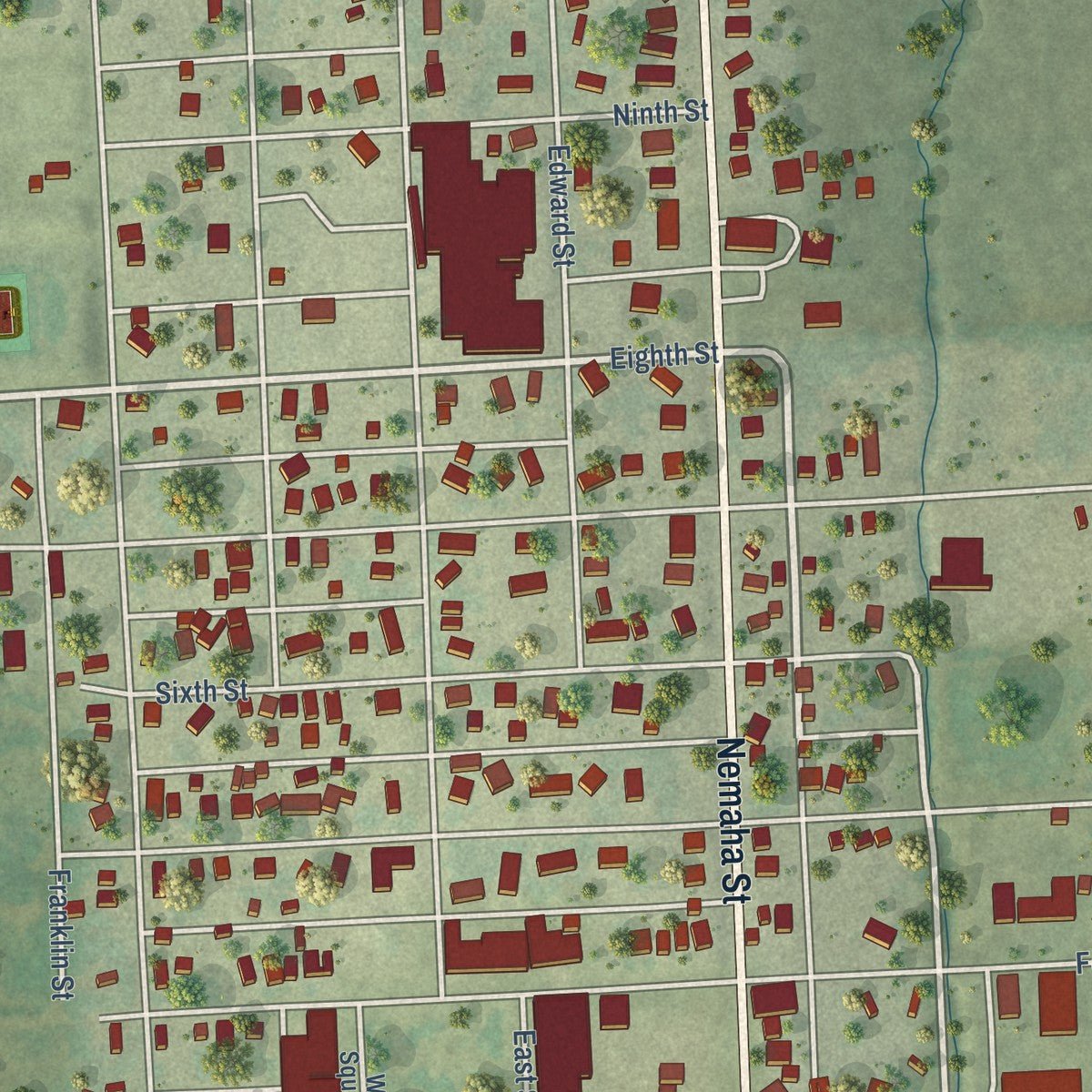 Close-up of the map of Humboldt, Nebraska print showing street and building detail