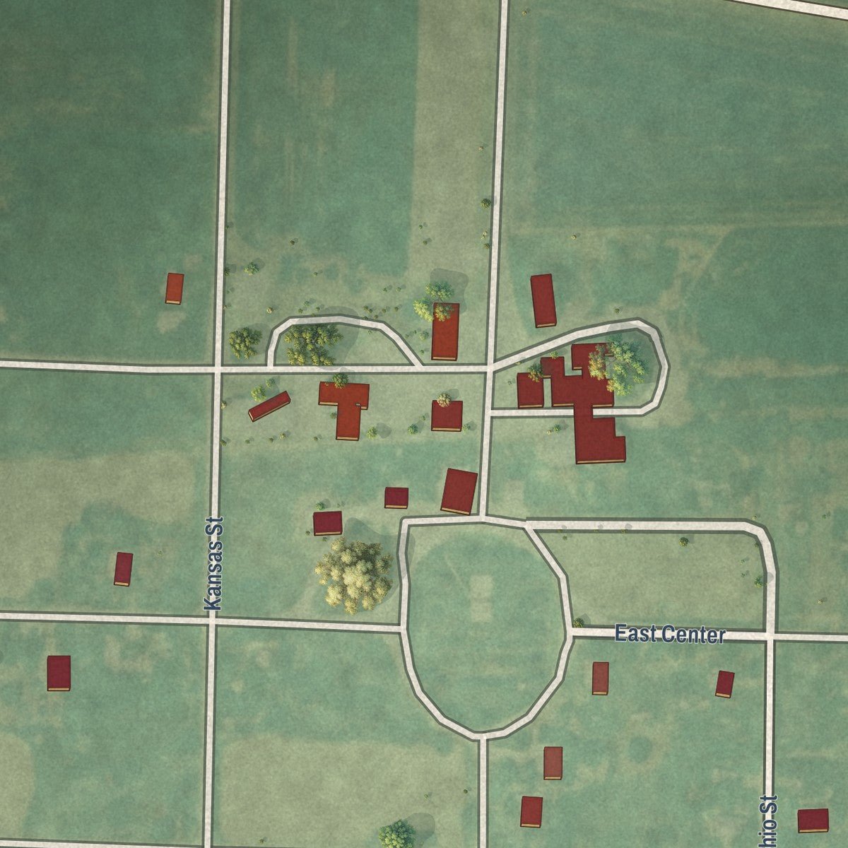 Close-up of the map of Cedar, Kansas print showing street and building detail