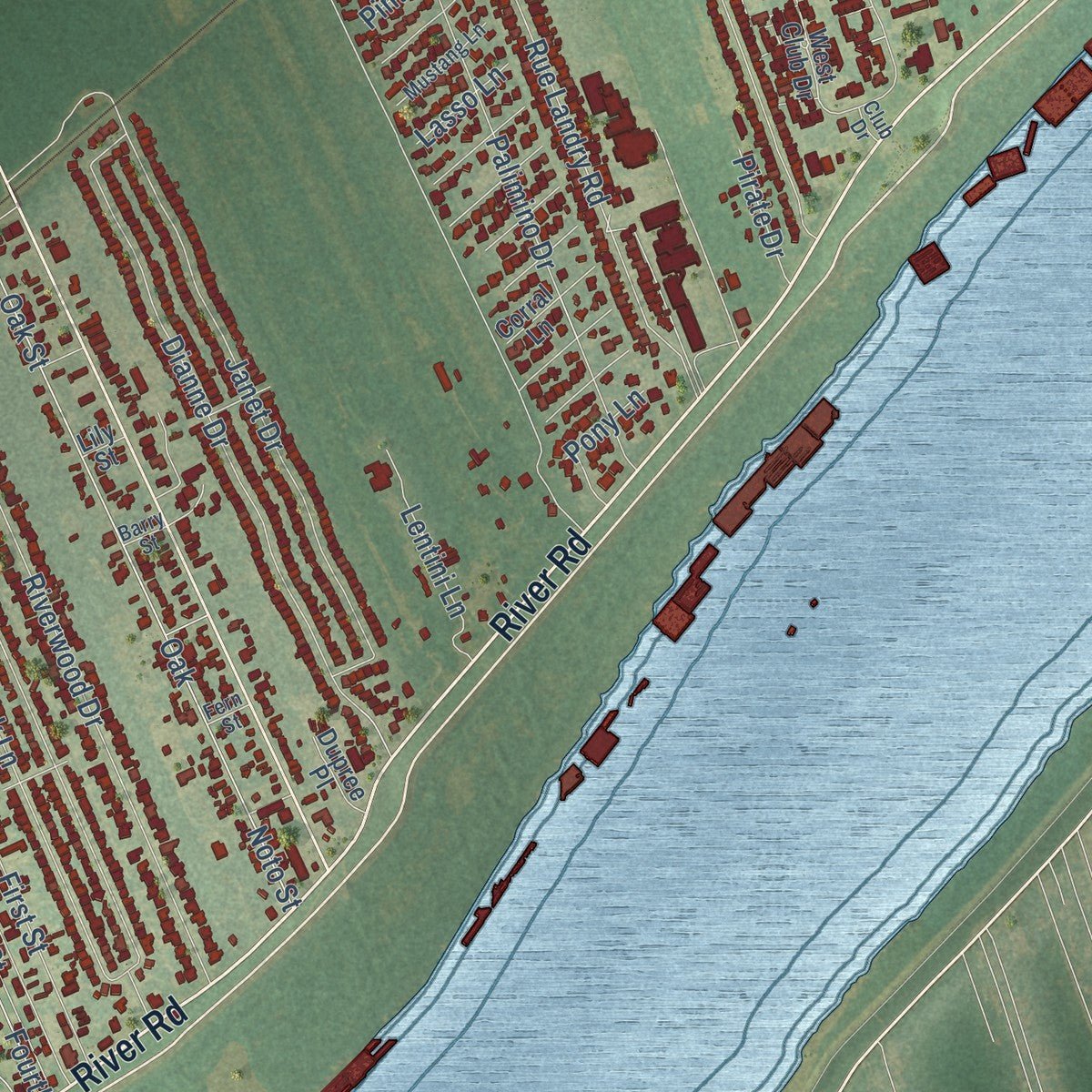 Close-up of the map of St. Rose, Louisiana print showing street and building detail