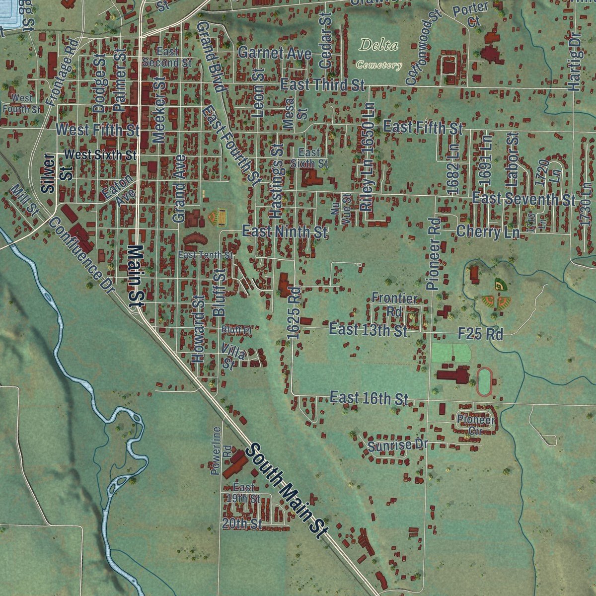 Close-up of the map of Delta, Colorado print showing street and building detail