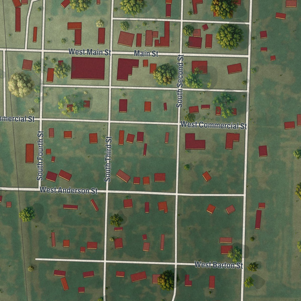 Close-up of the map of Sheldon, Missouri print showing street and building detail
