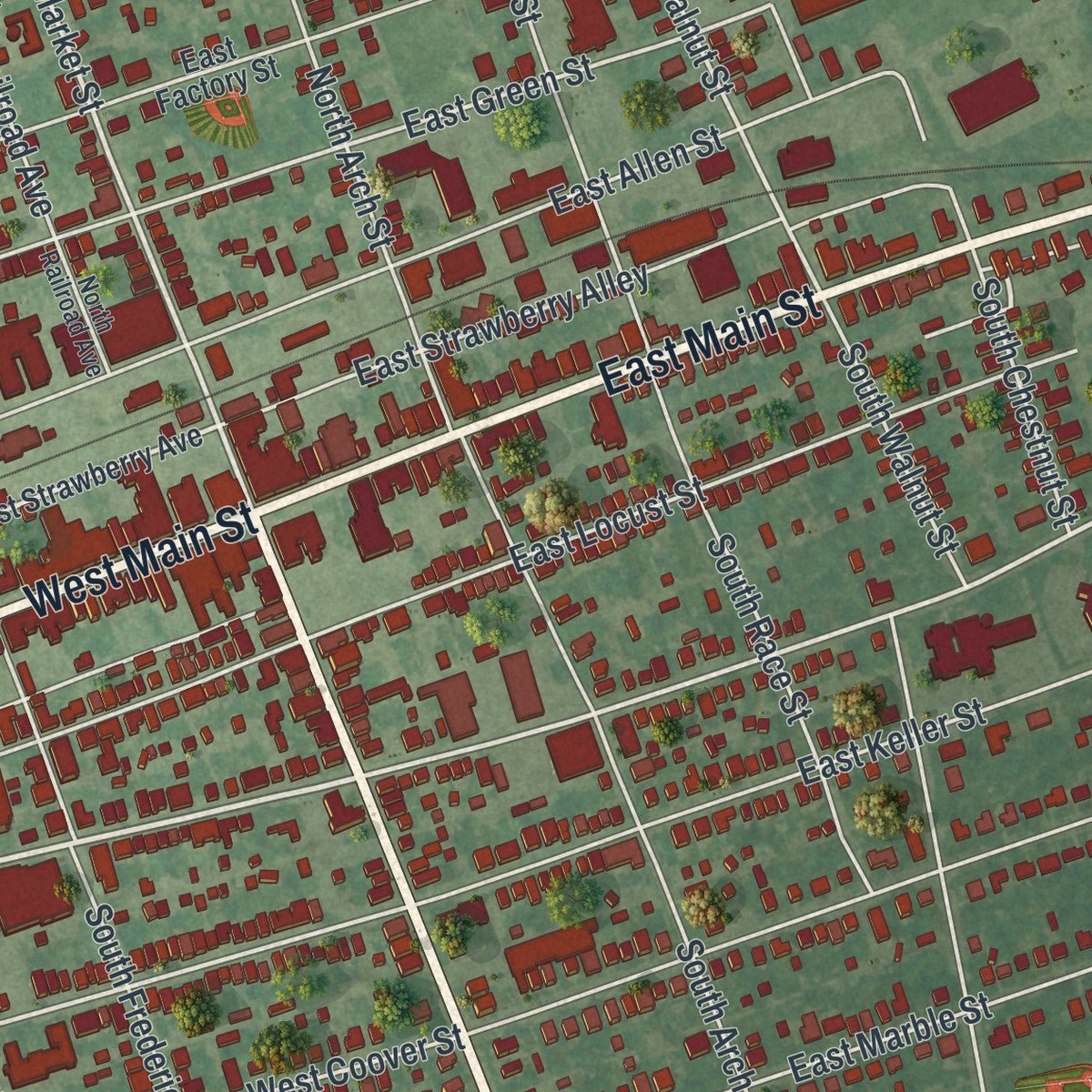Close-up of the map of Mechanicsburg, Pennsylvania print showing street and building detail