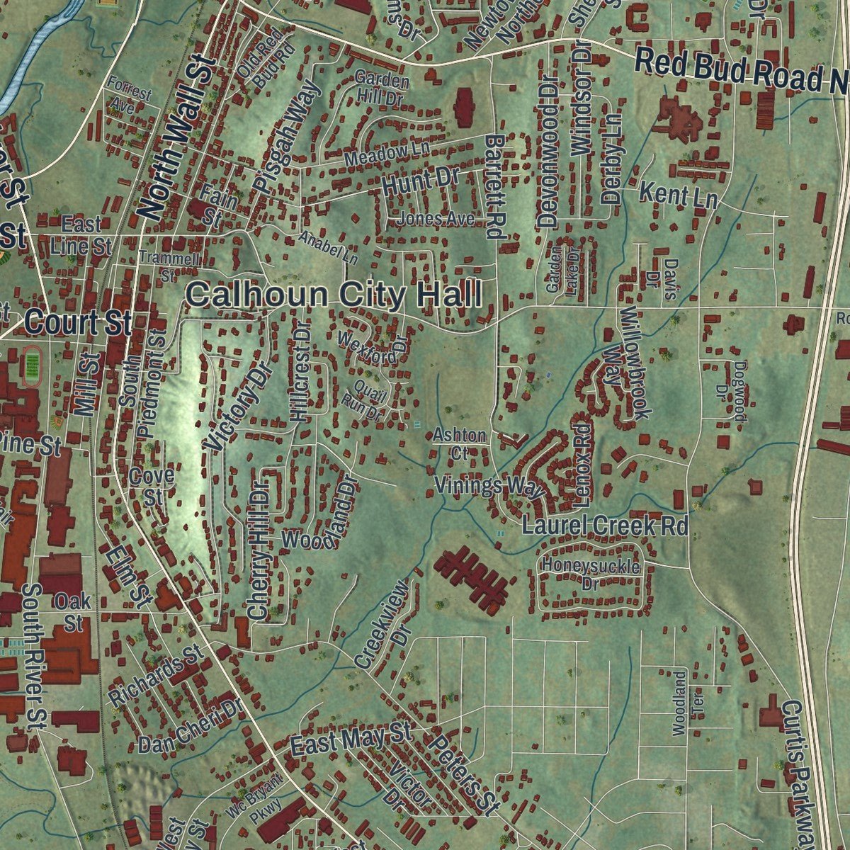 Close-up of the map of Calhoun, Georgia print showing street and building detail