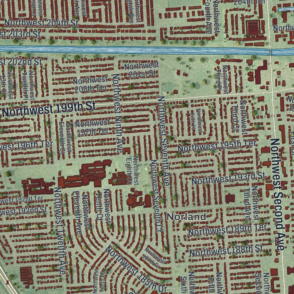 Close-up of the map of Miami Gardens, Florida print showing street and building detail