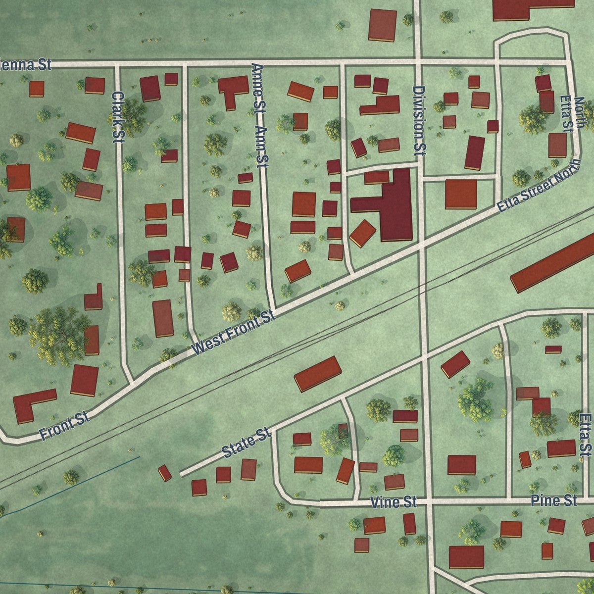 Close-up of the map of Verona, Illinois print showing street and building detail