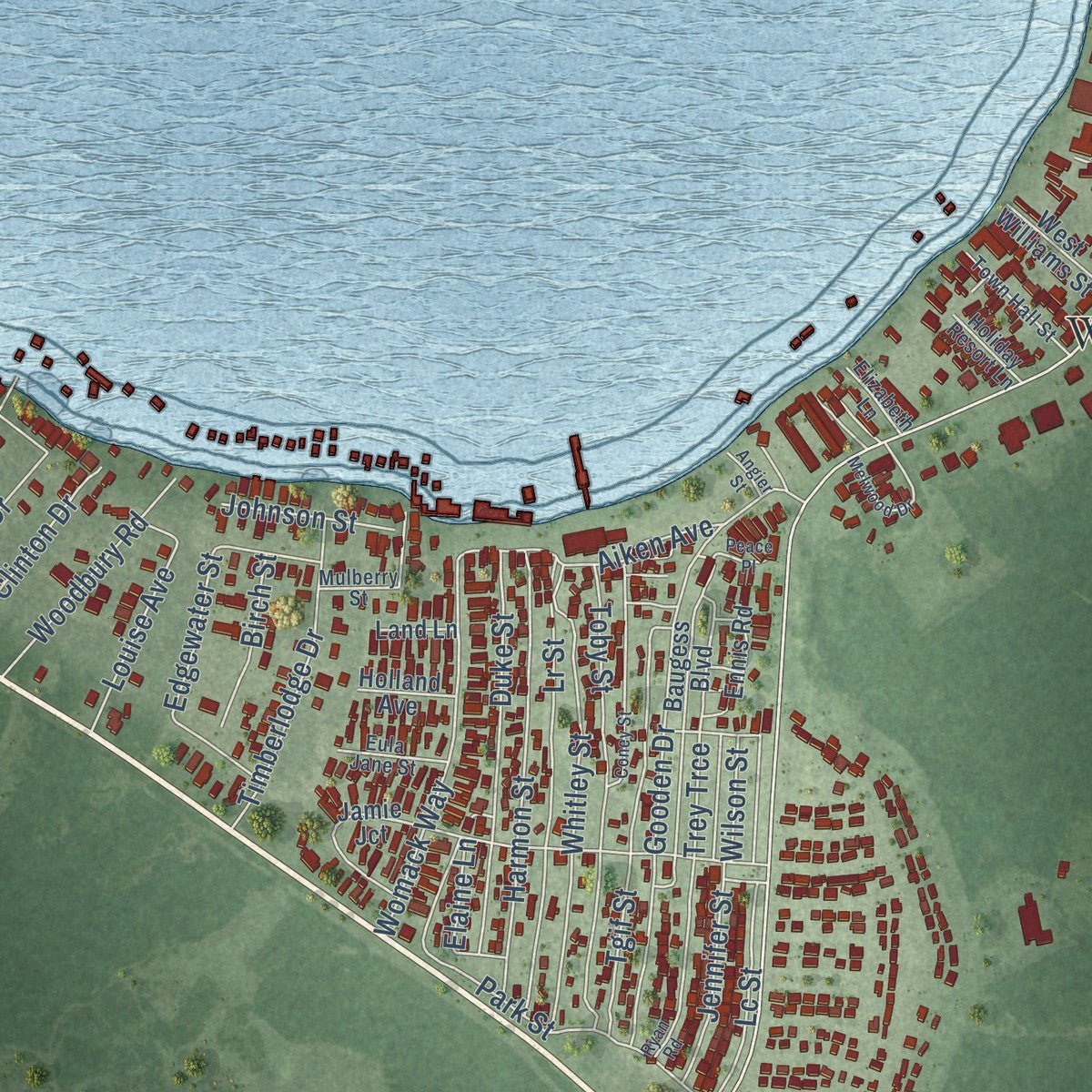 Close-up of the map of White Lake, North Carolina print showing street and building detail