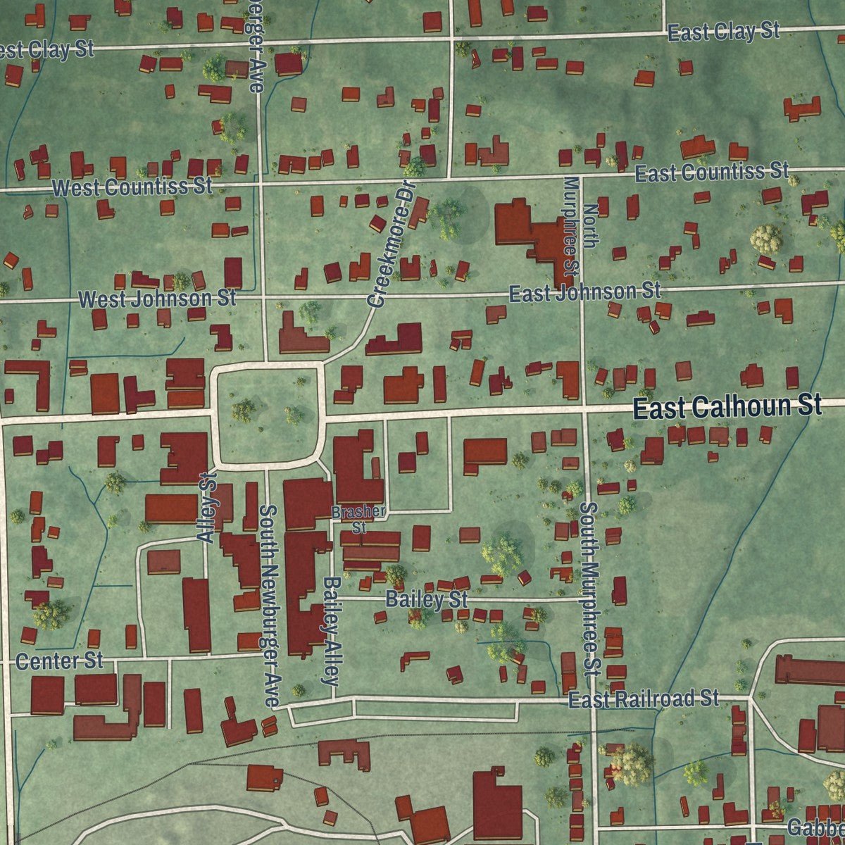 Close-up of the map of Bruce, Mississippi print showing street and building detail