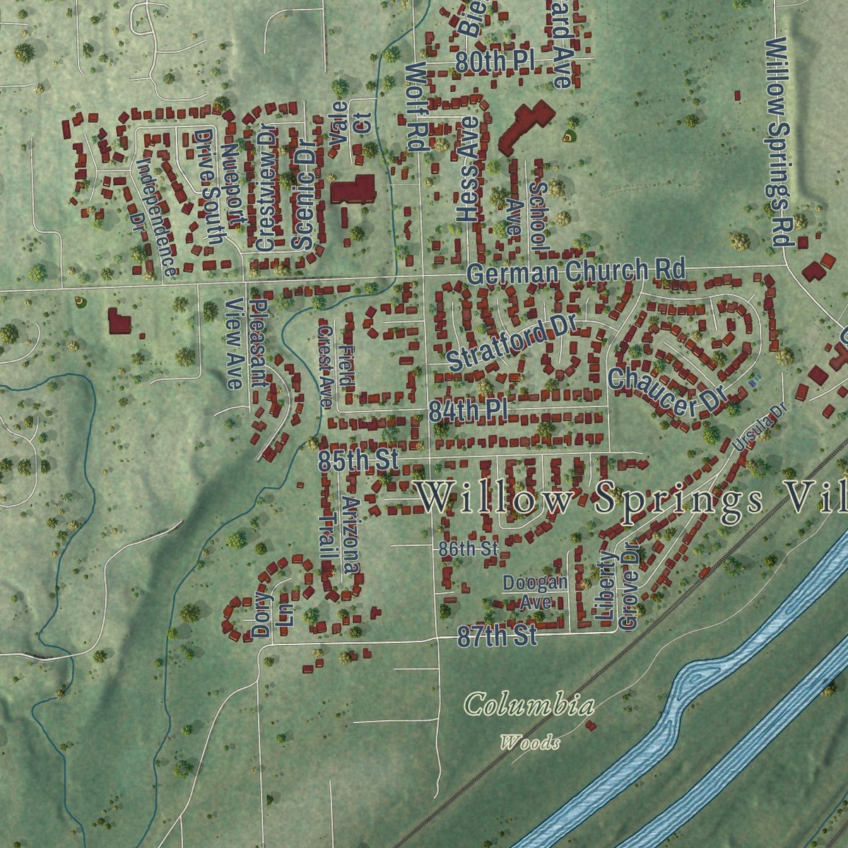 Close-up of the map of Willow Springs, Illinois print showing street and building detail
