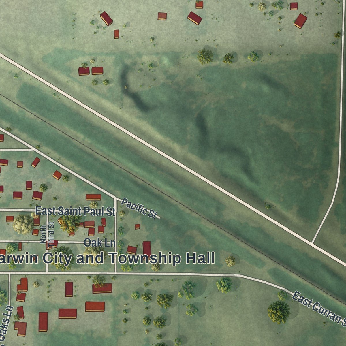 Close-up of the map of Darwin, Minnesota print showing street and building detail