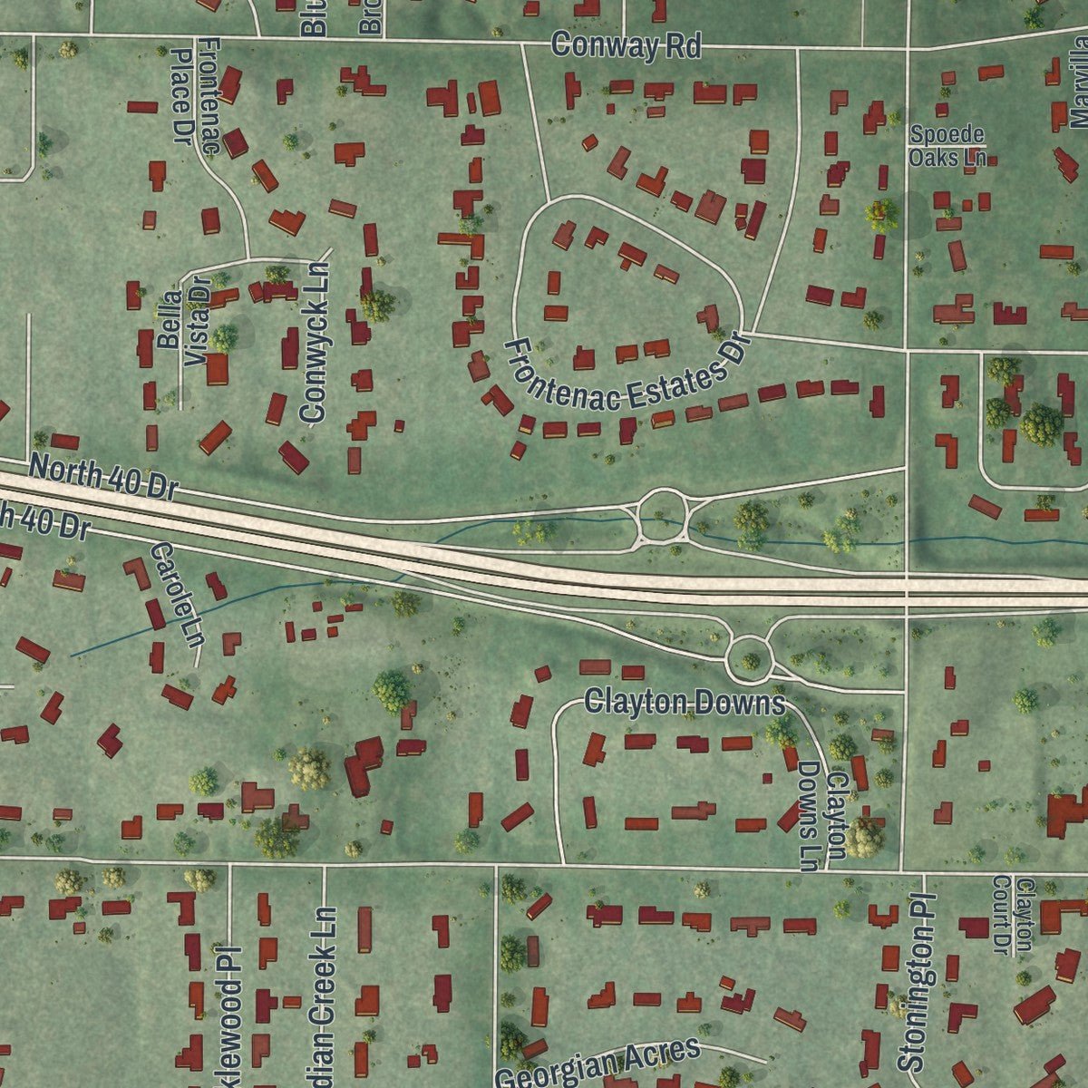 Close-up of the map of Frontenac, Missouri print showing street and building detail