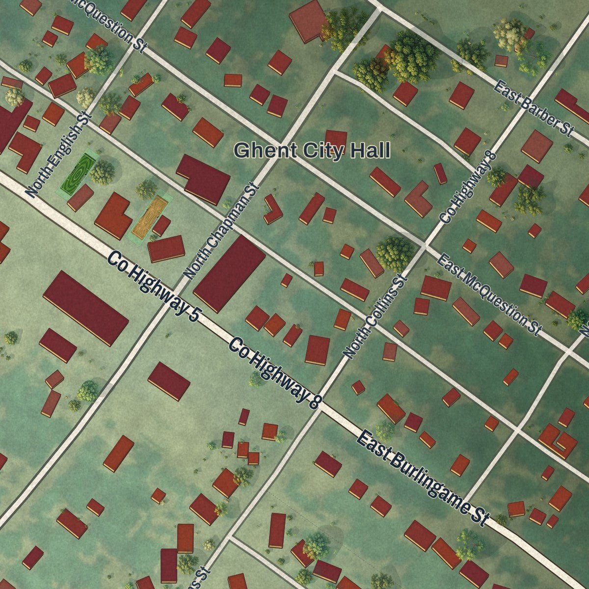 Close-up of the map of Ghent, Minnesota print showing street and building detail