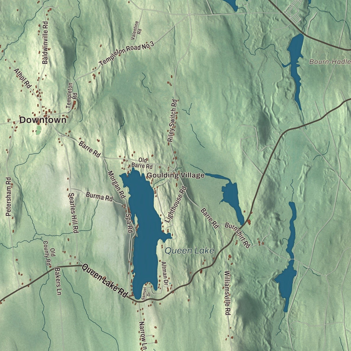 Close-up of the map of Phillipston, Massachusetts print showing streets and neighborhoods