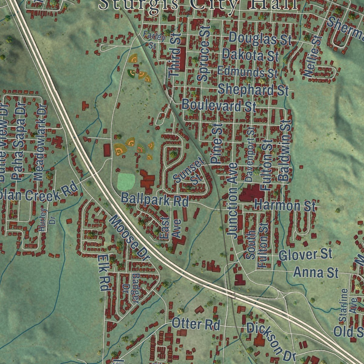 Close-up of the map of Sturgis, South Dakota print showing street and building detail