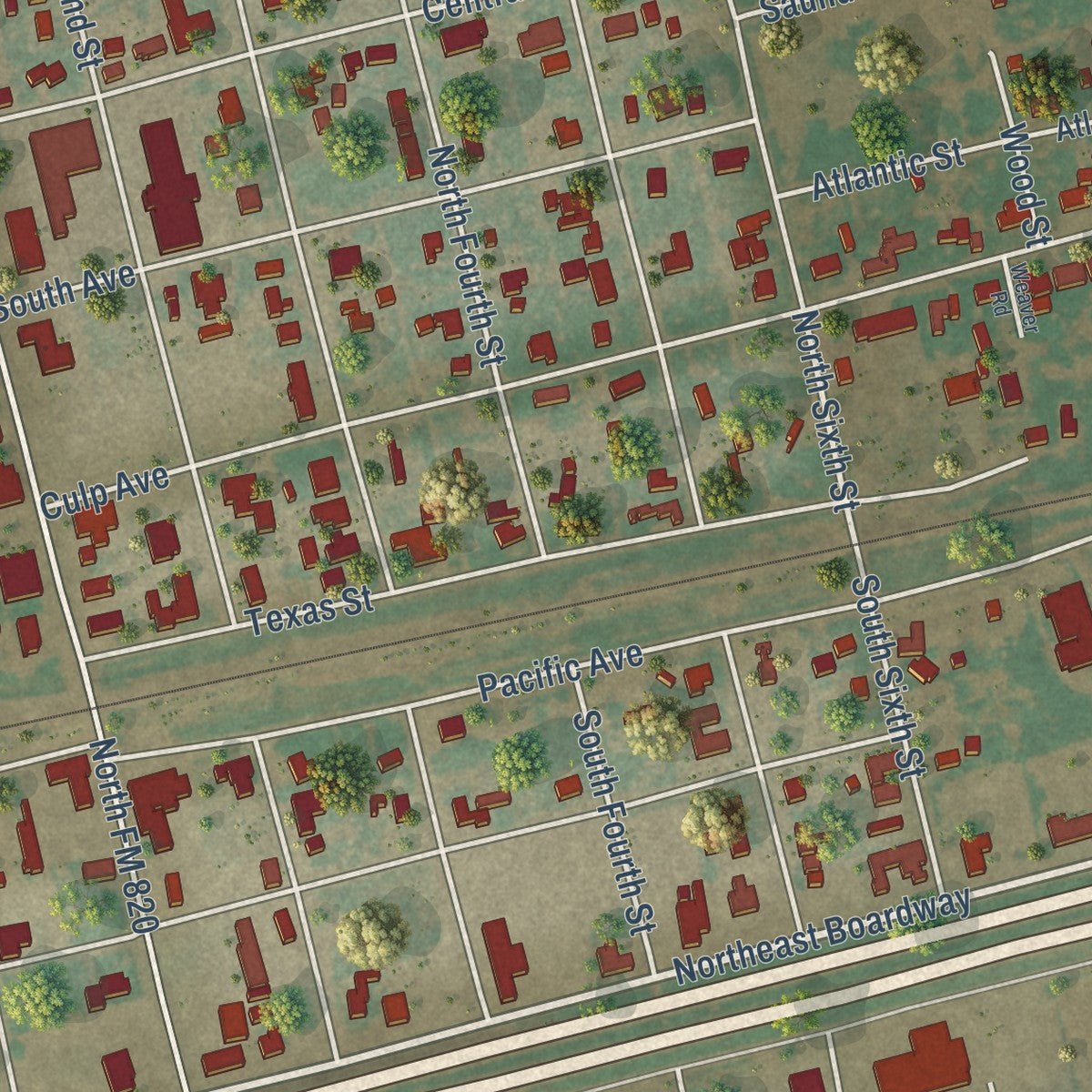Close-up of the map of Coahoma, Texas print showing street and building detail