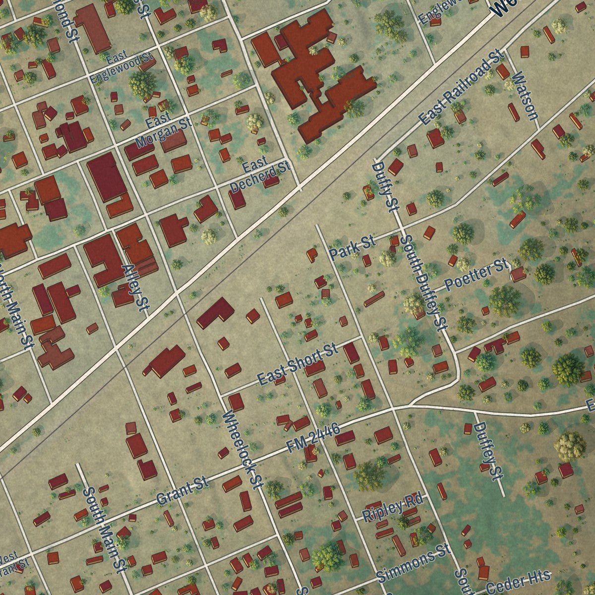 Close-up of the map of Franklin, Texas print showing street and building detail