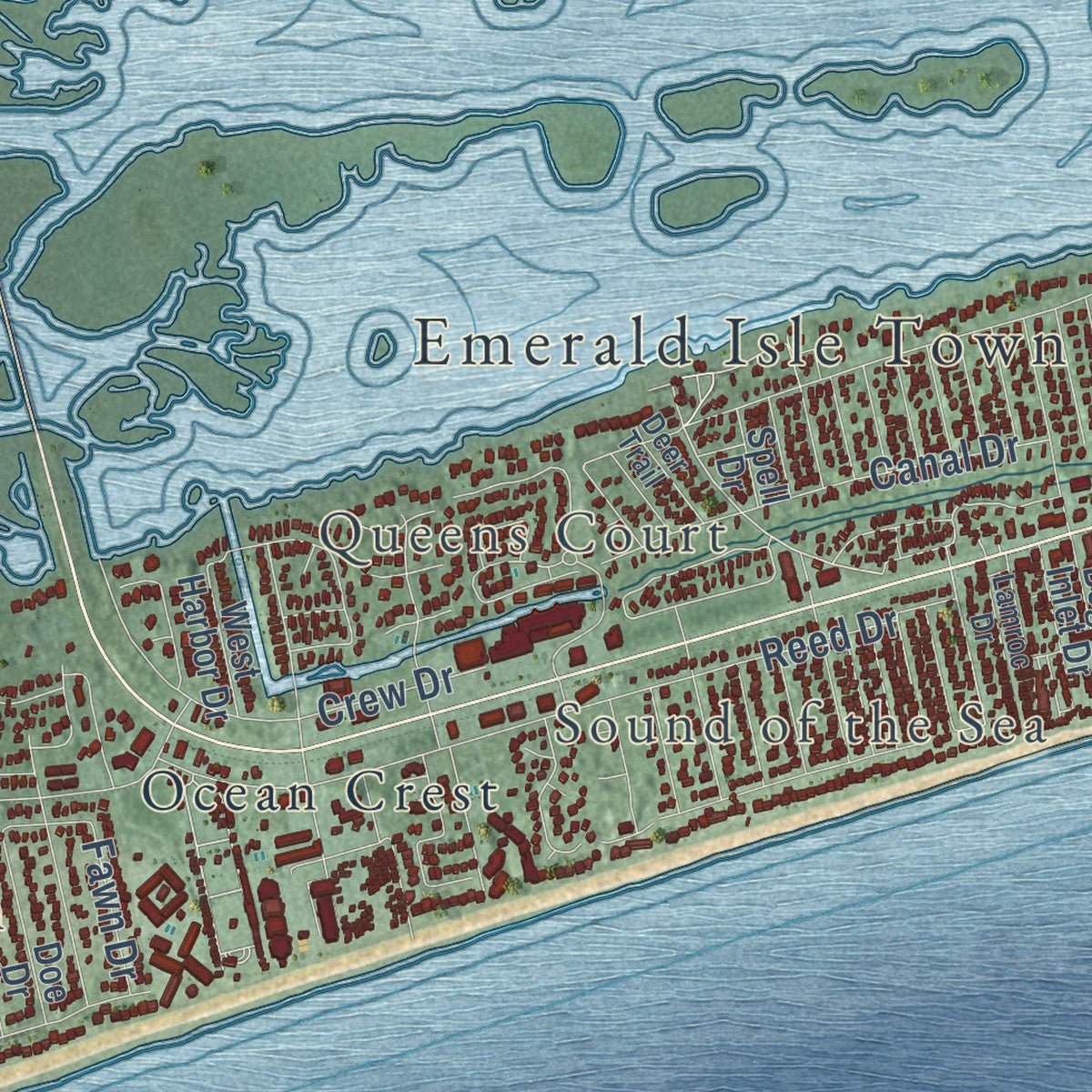 Close-up of the map of Emerald Isle, North Carolina print showing street and building detail