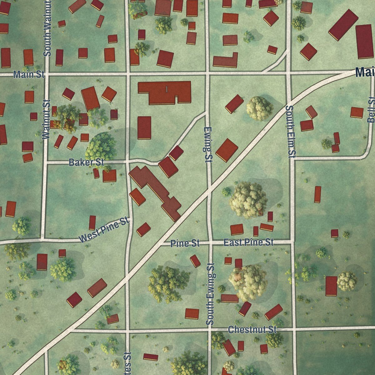Close-up of the map of Tallula, Illinois print showing street and building detail