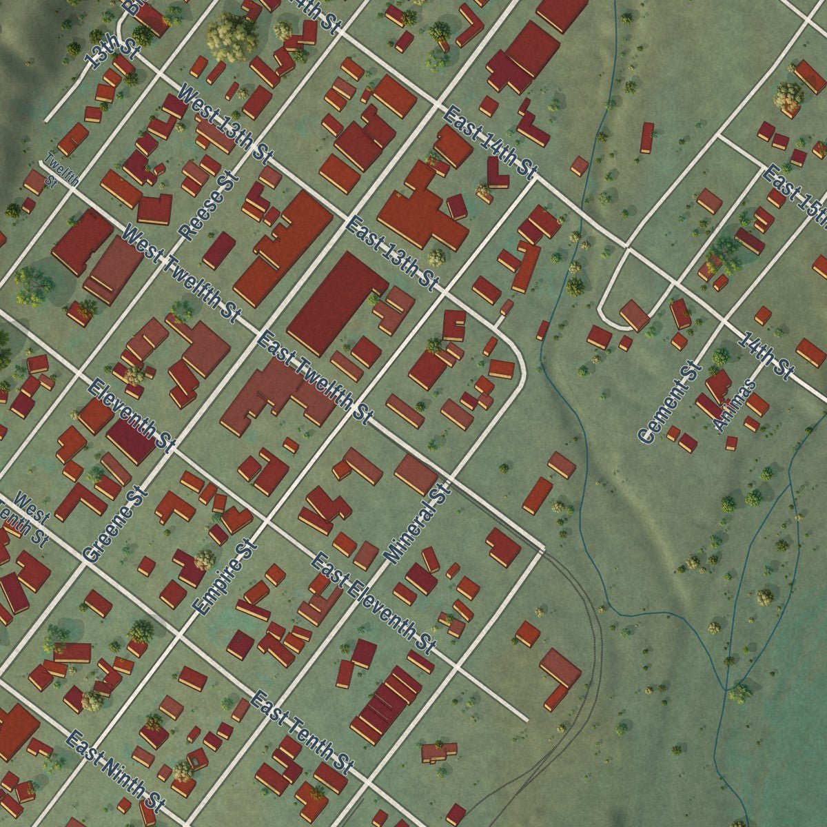 Close-up of the map of Silverton, Colorado print showing street and building detail