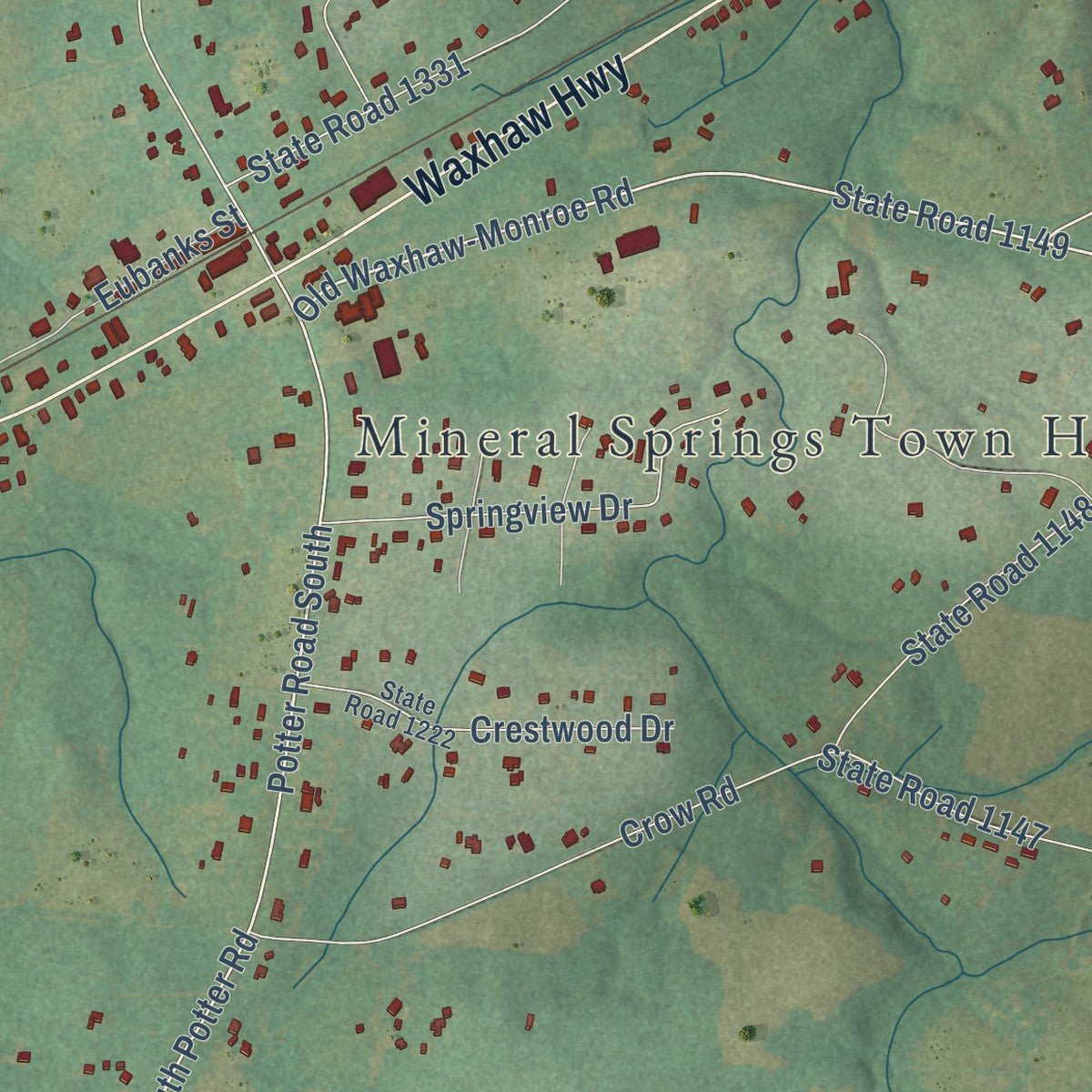 Close-up of the map of Mineral Springs, North Carolina print showing street and building detail