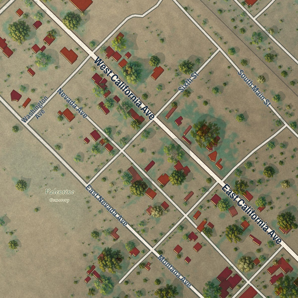 Close-up of the map of Valentine, Texas print showing street and building detail