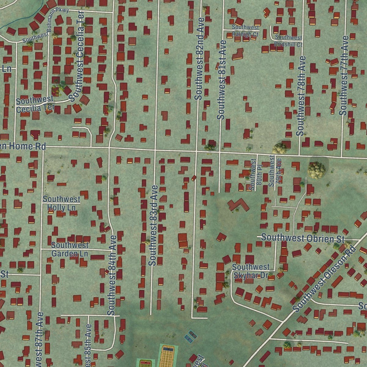 Close-up of the map of Garden Home-Whitford, Oregon print showing street and building detail