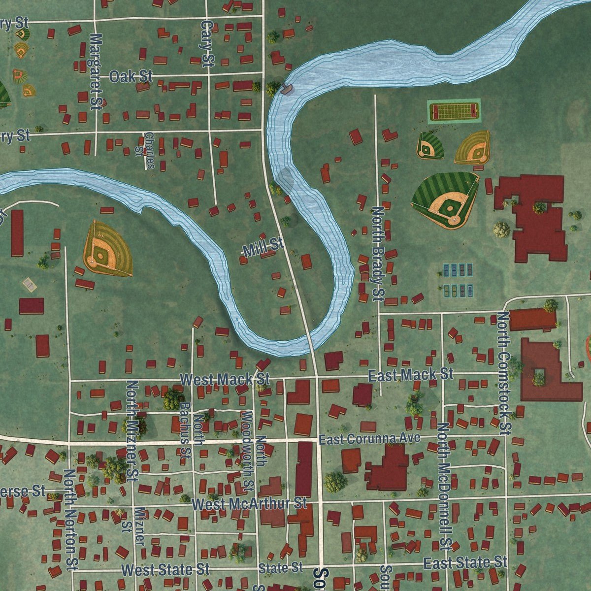 Close-up of the map of Corunna, Michigan print showing street and building detail