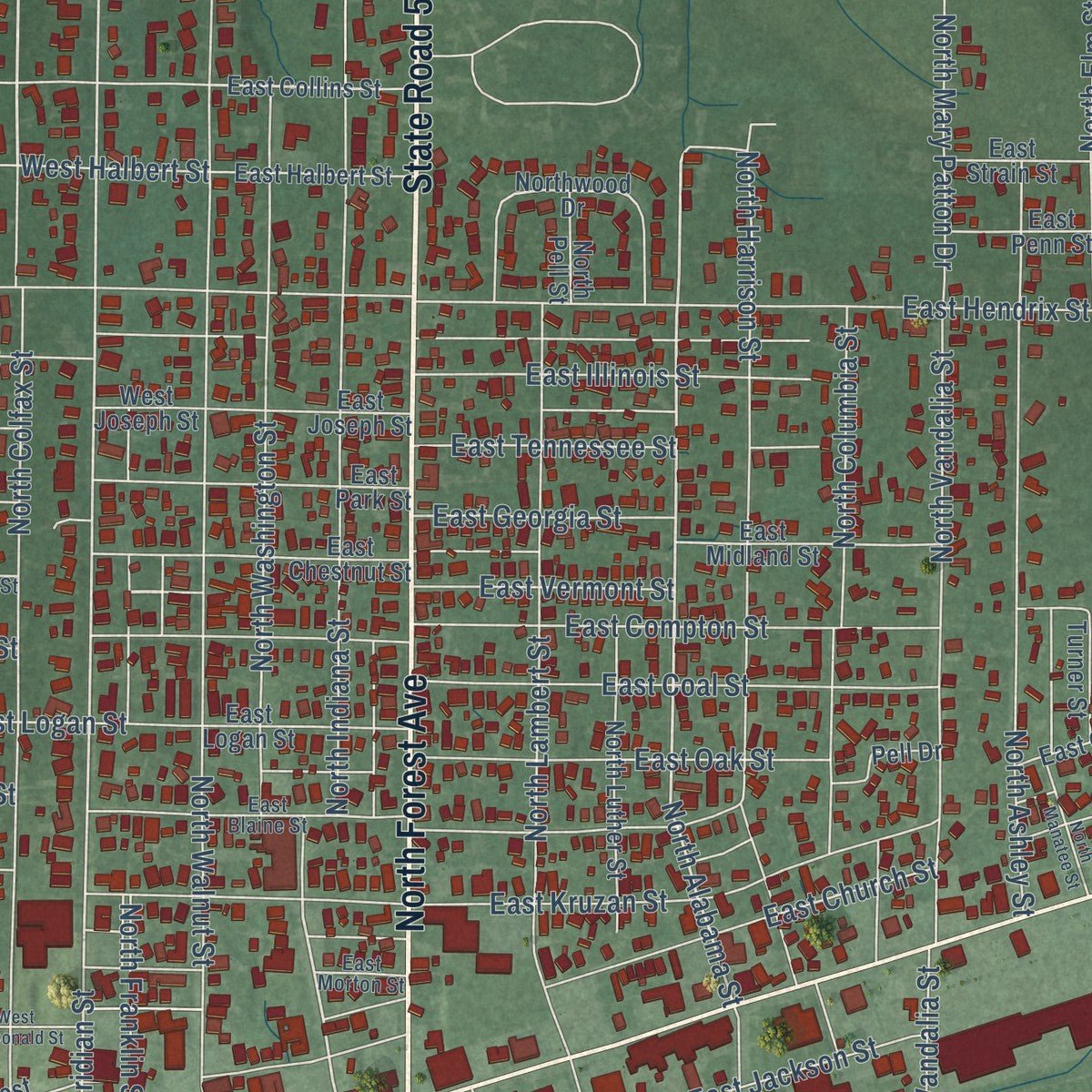 Close-up of the map of Brazil, Indiana print showing street and building detail