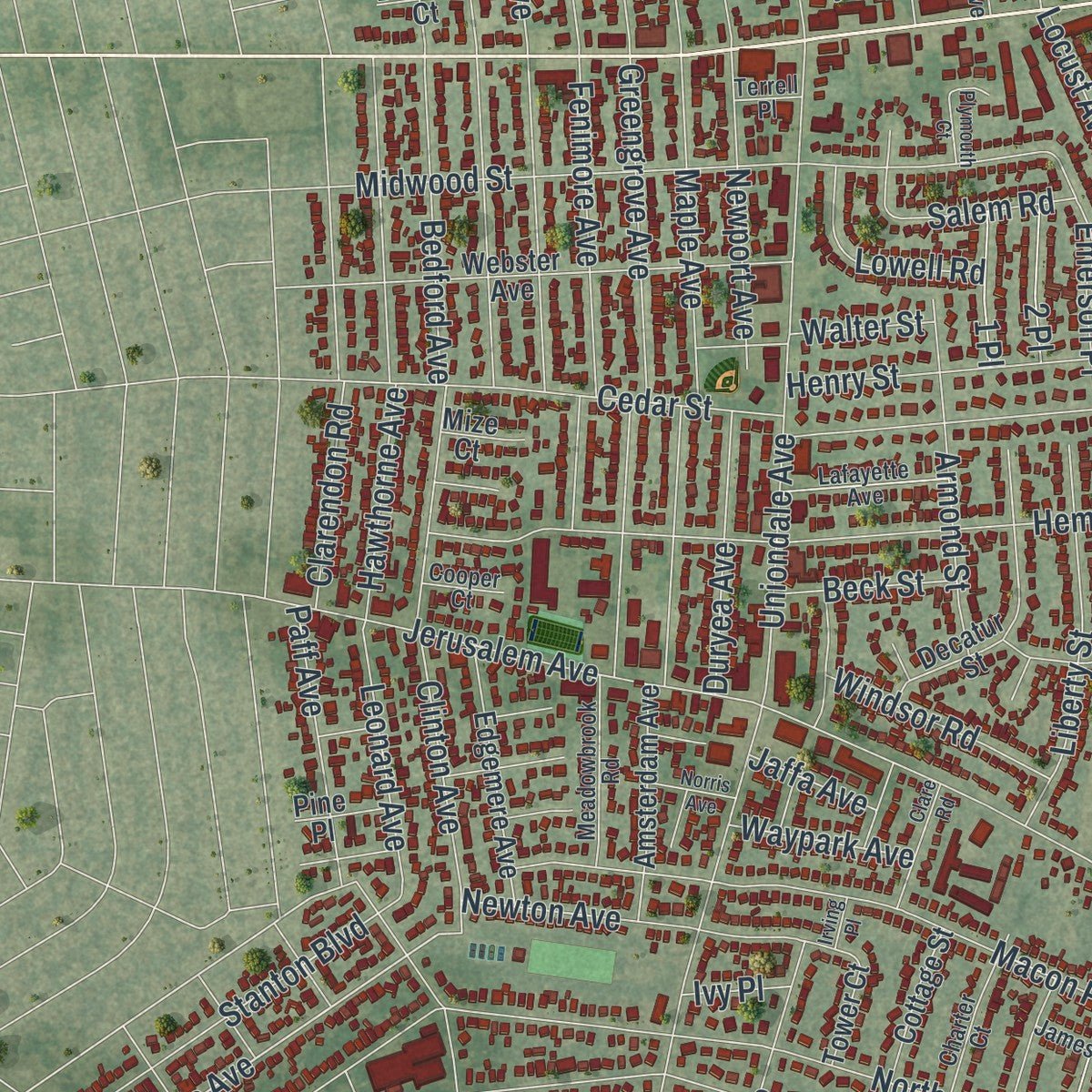 Close-up of the map of Uniondale, New York print showing street and building detail