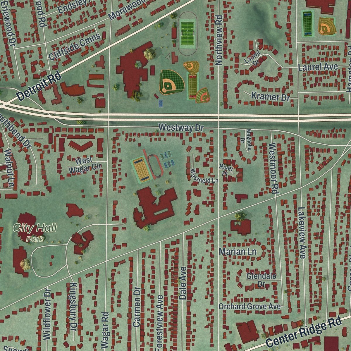 Close-up of the map of Rocky River, Ohio print showing street and building detail