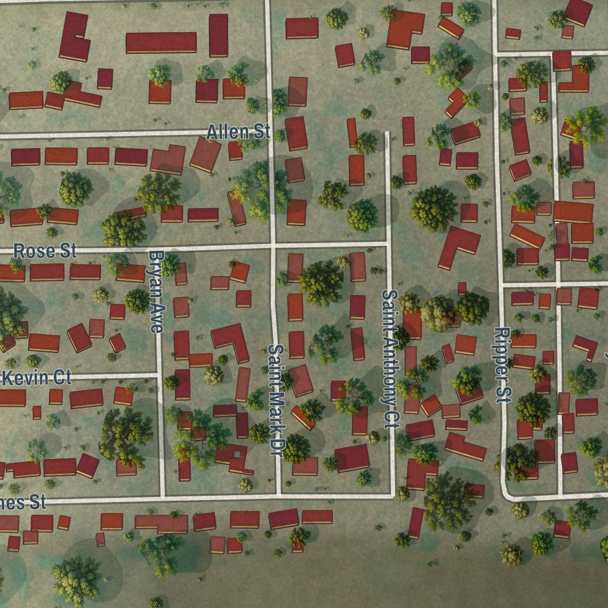 Close-up of the map of South Pekin, Illinois print showing street and building detail
