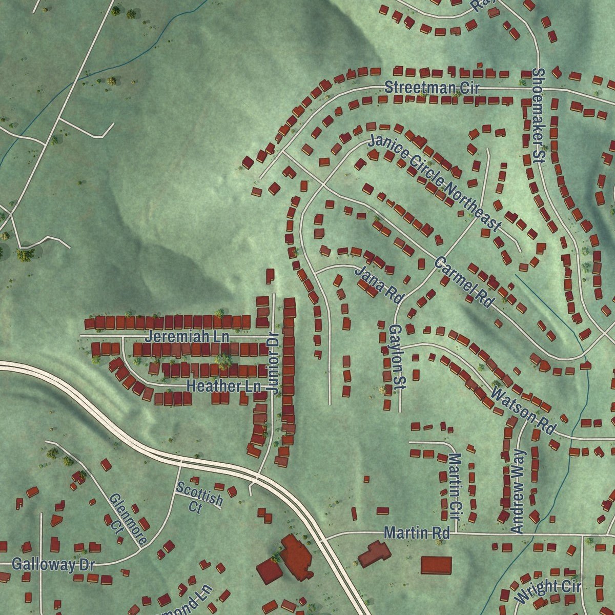 Close-up of the map of Grayson Valley, Alabama print showing street and building detail