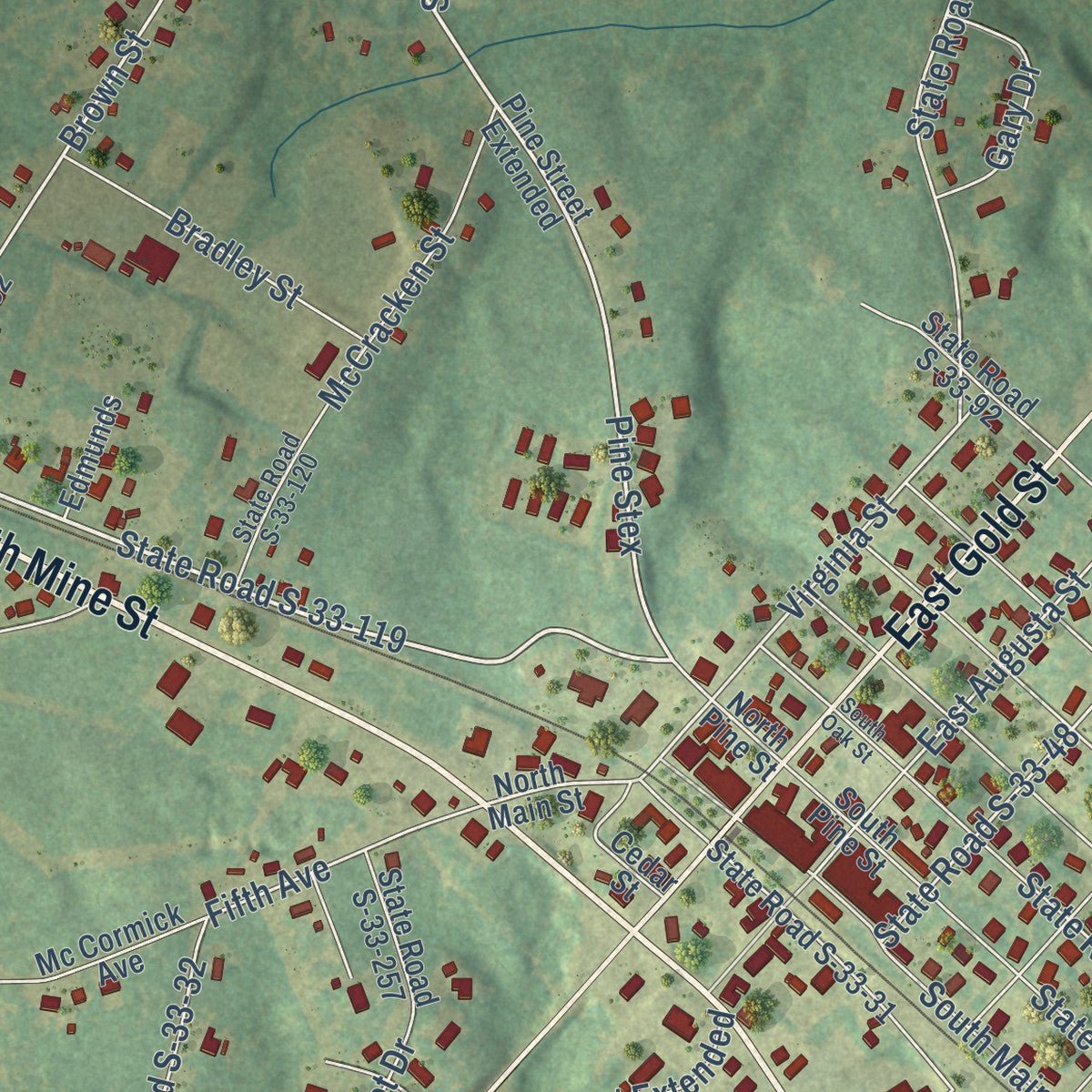 Close-up of the map of McCormick, South Carolina print showing street and building detail