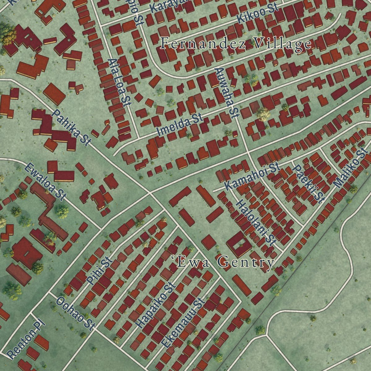 Close-up of the map of Ewa Villages, Hawaii print showing street and building detail