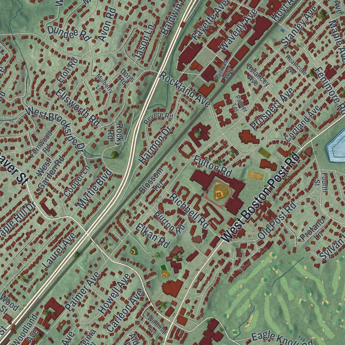 Close-up of the map of the Town of Mamaroneck, New York print showing street and building detail