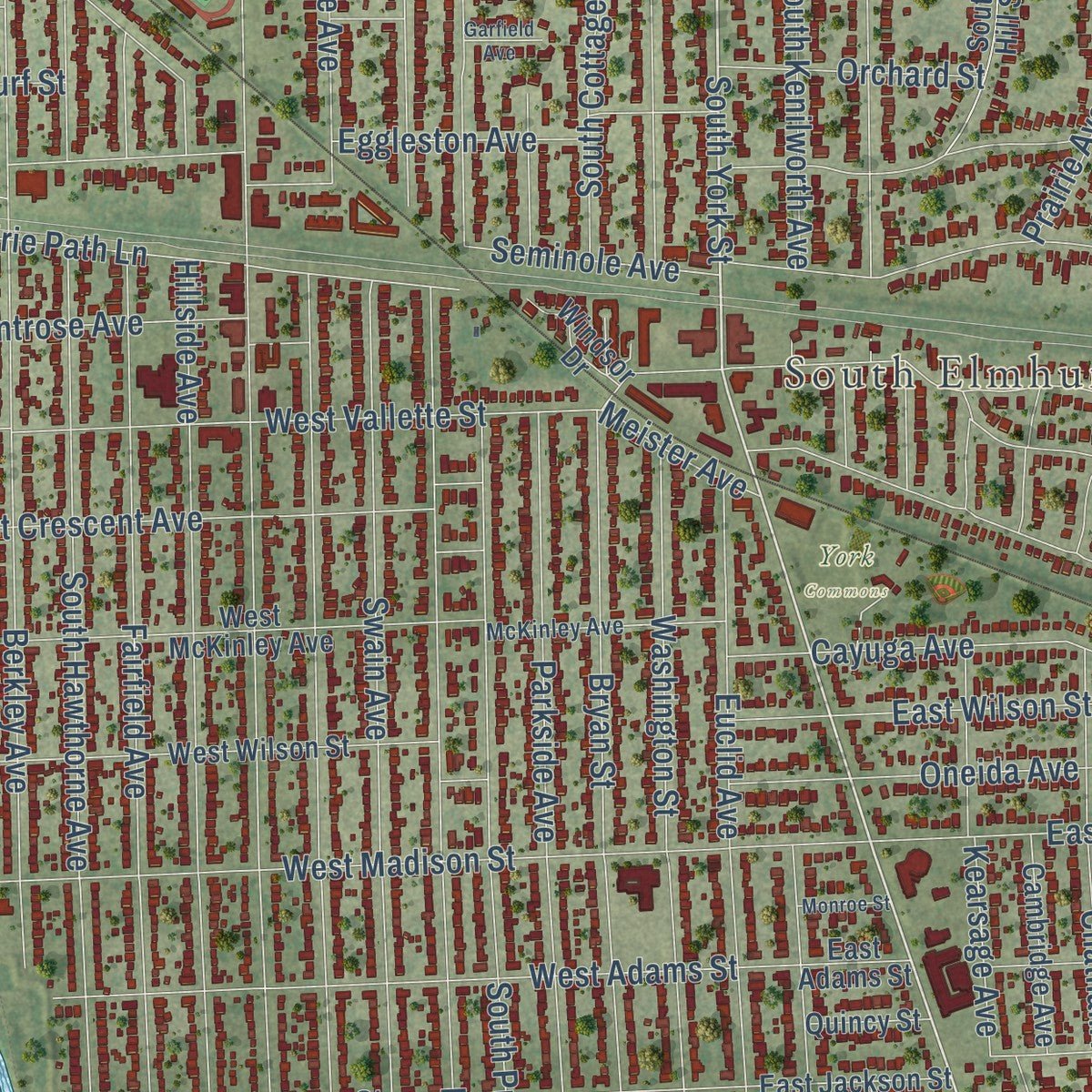 Close-up of the map of Elmhurst, Illinois print showing street and building detail
