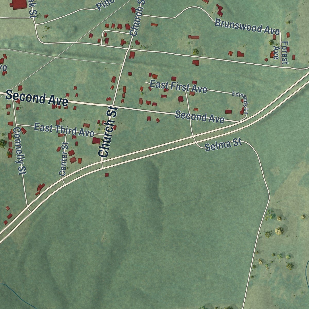 Close-up of the map of Alberta, Virginia print showing street and building detail