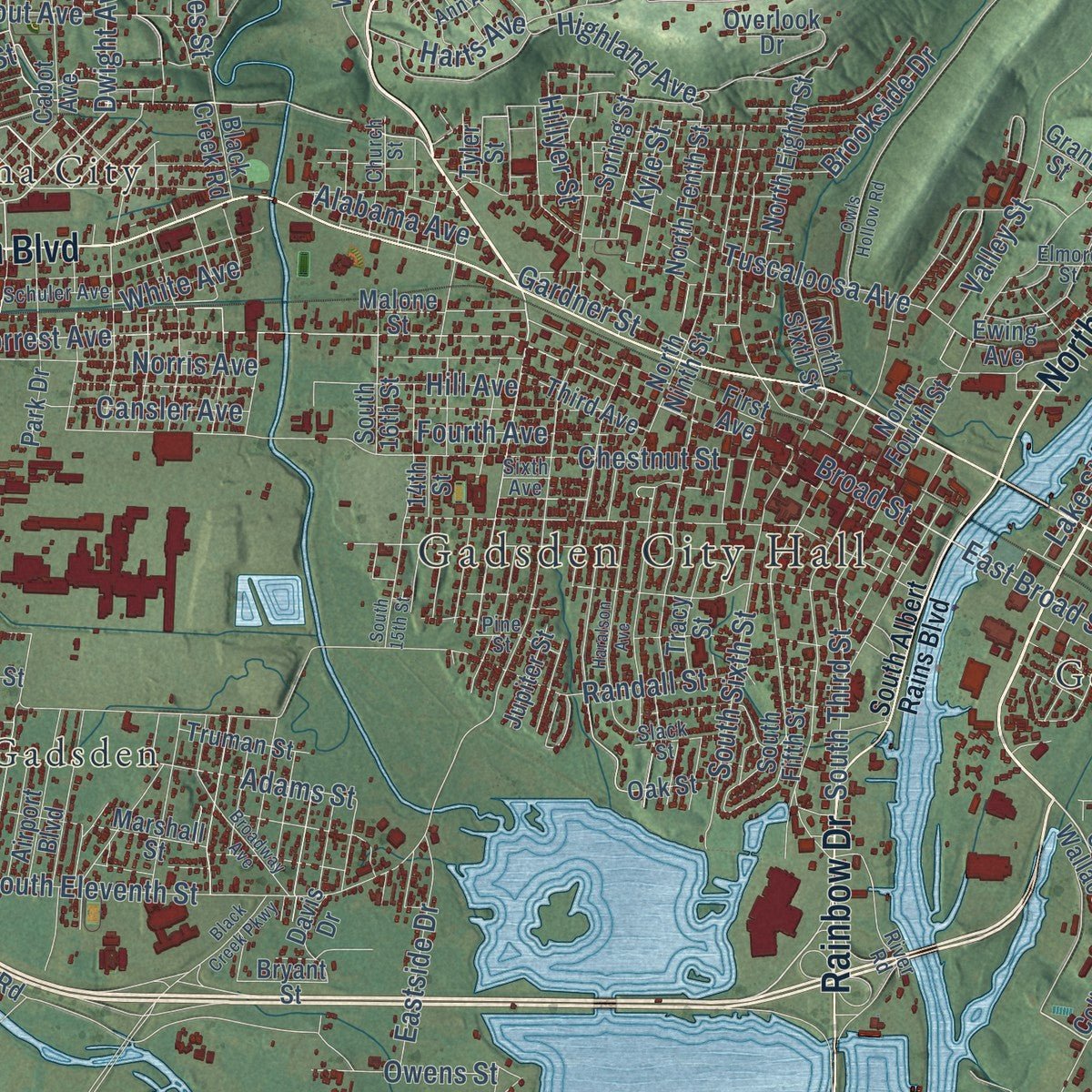 Close-up of the map of Gadsden, Alabama print showing street and building detail