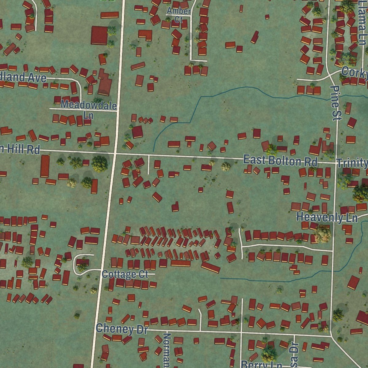 Close-up of the map of Veneta, Oregon print showing street and building detail
