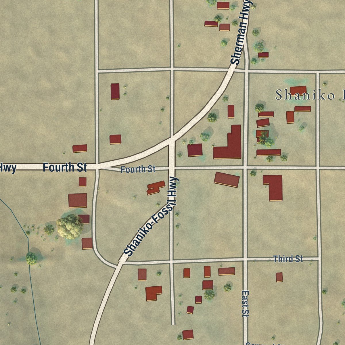 Close-up of the map of Shaniko, Oregon print showing street and building detail