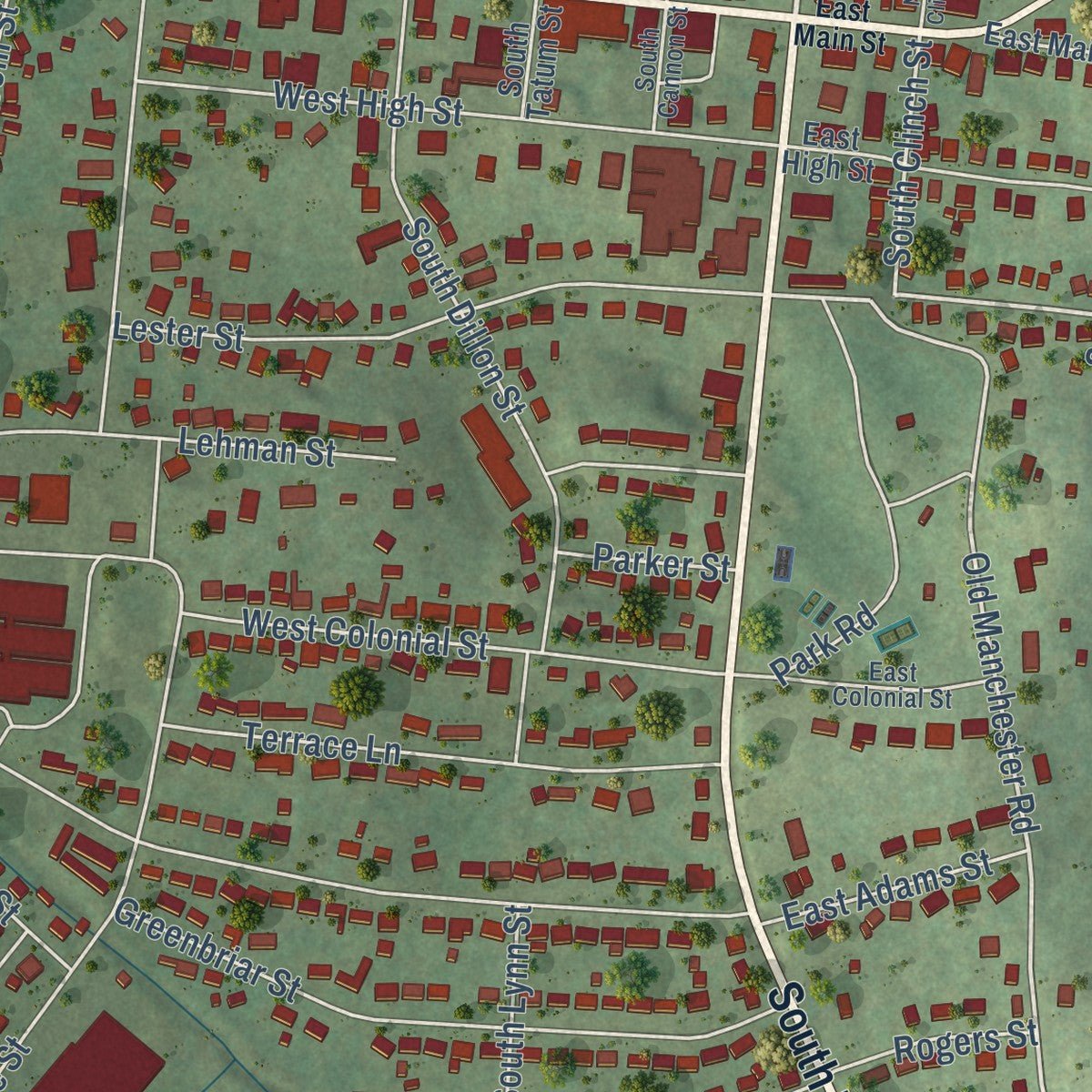 Close-up of the map of Woodbury, Tennessee print showing street and building detail